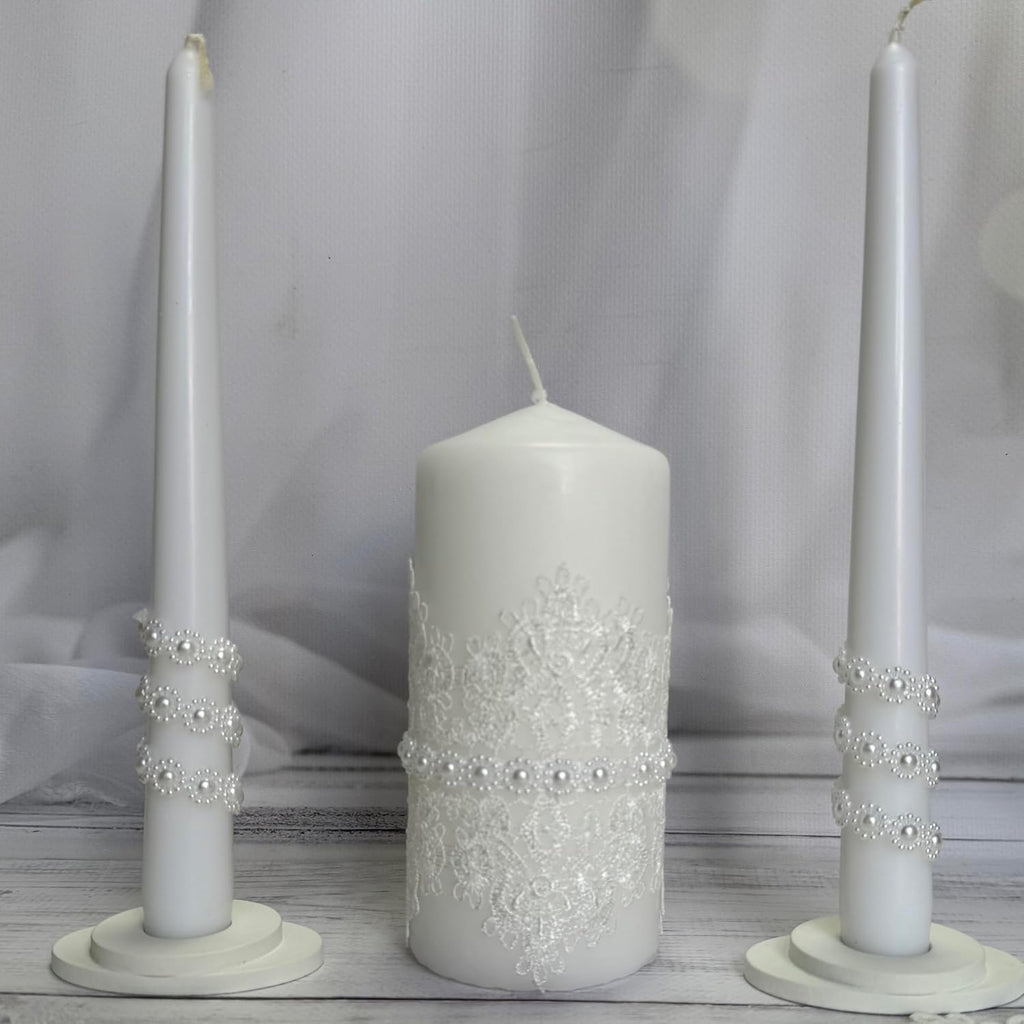 Unity Candle Set - Wedding Ceremony & Reception – 6” Pillar & Two 10” Taper Candles – Long Burning Unity Candles for Marriage Ritual – Handmade in USA – White | Lace