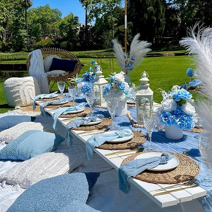 12 Pack Dusty Blue Cheesecloth Table Runners 35x120 Inch,10FT Boho Fall Thanksgiving Blue Gauze Table Runner Cheese Cloth for Wedding Party Baby Shower Home Decorations