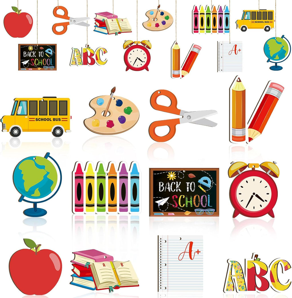36 Pcs Back to School Ornaments for Tree Wooden Back to School Tree Decorations First Day of Schools Hanging Ornament Teacher Book Pencil Wood Pendant Cutouts for Classroom Window Party Decor