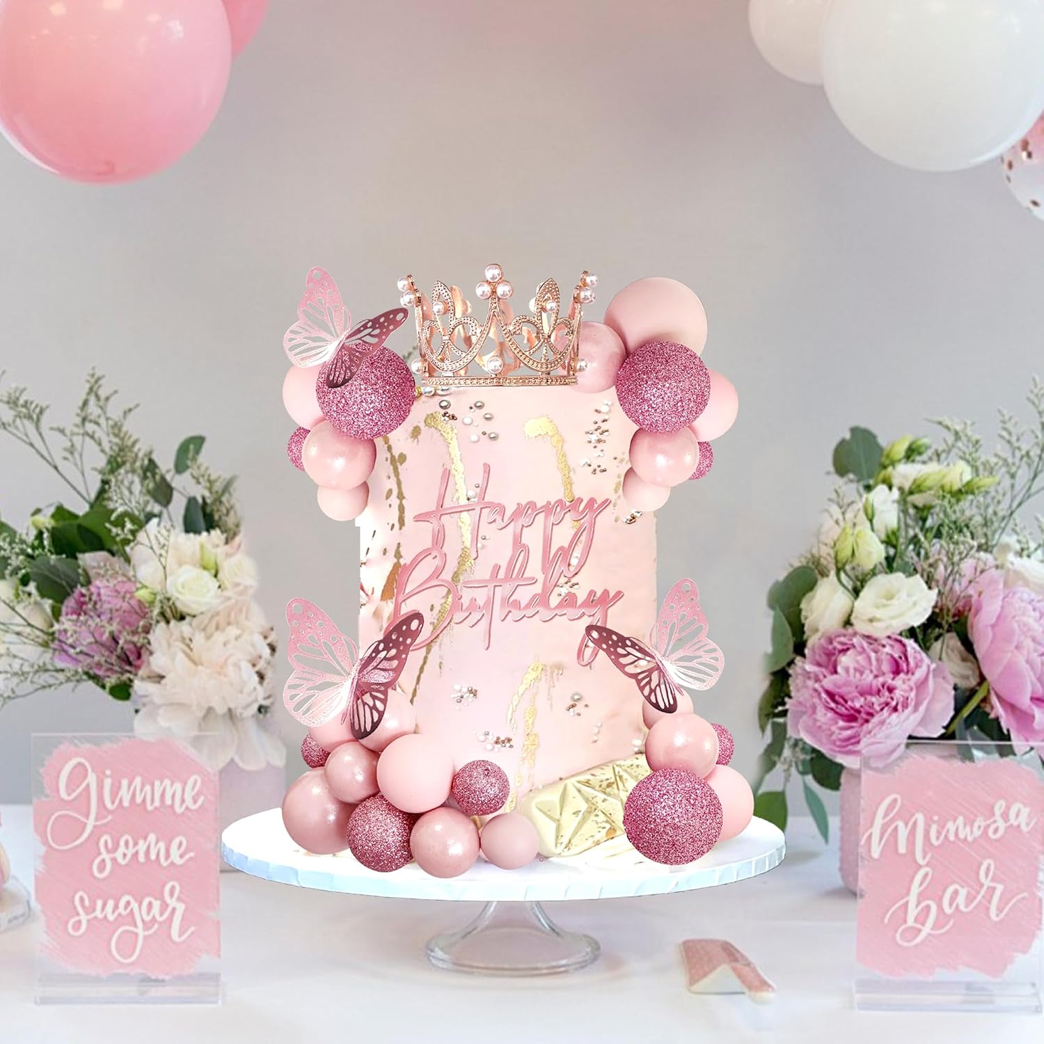 Balls Cake Toppers Happy Birthday Crown Tiara Cake Toppers for Birthday Wedding Baby Shower Party Decorations (Rose Gold Pink)