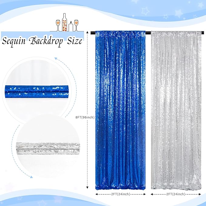 ShinyBeauty Silver and Blue Sequin Backdrop - 4 Pieces Shimmer Curtains Panels for Birthday, Party, Baby Shower, and Photo Backgrounds （2FTX8FT）