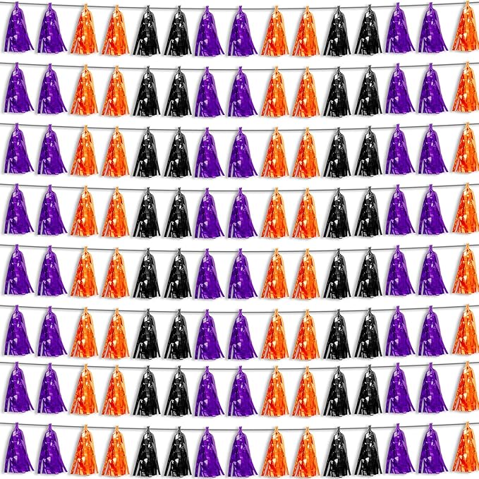 8P Purple Black 0range Foil Fringe Metallic Tassel Streamers Banner Tassel Garland for Parade Floats, Bachelorette, Wedding, Birthday, Halloween, Christmas, Bridal/Baby Shower Party Decorations