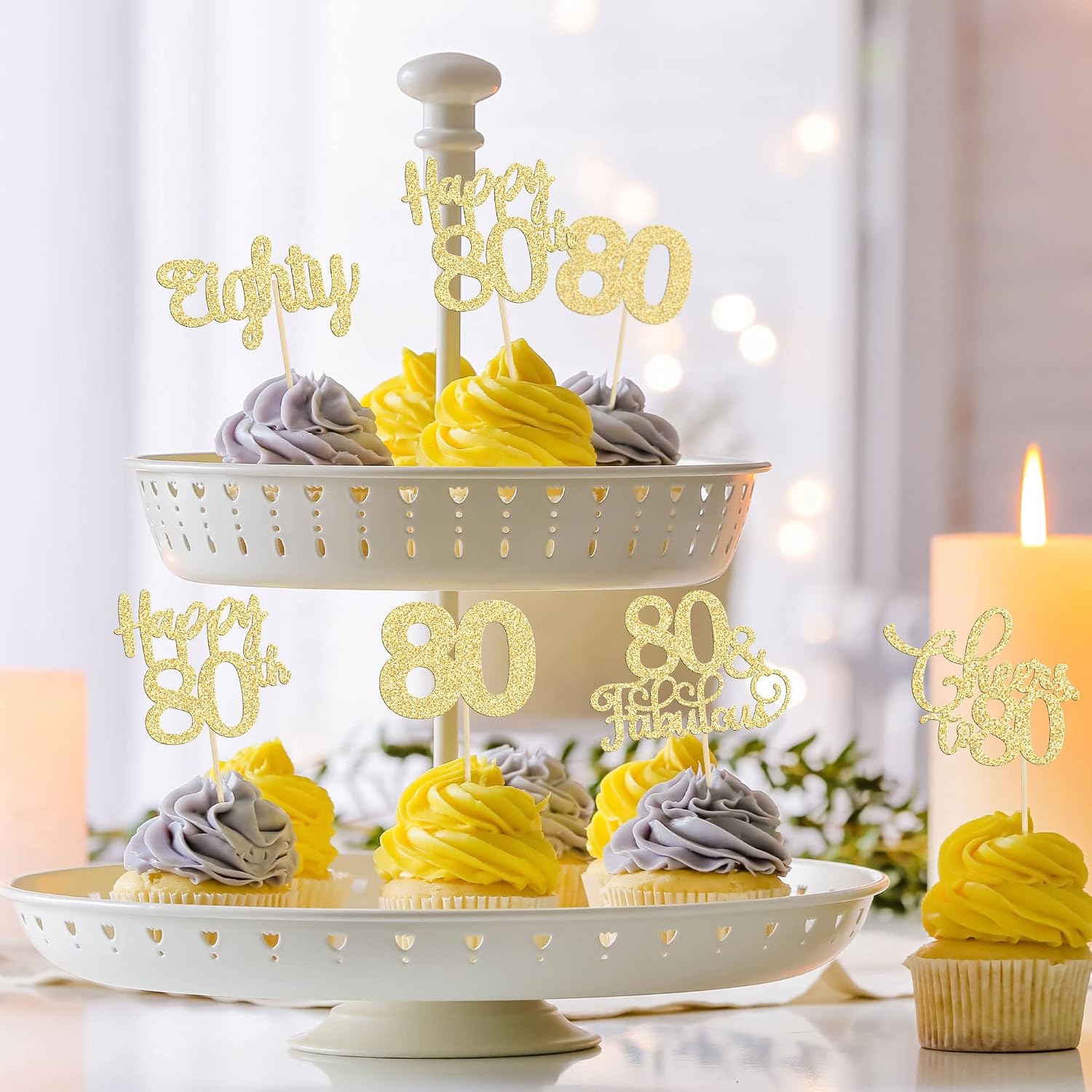 30 Pack Happy 80th Birthday Cupcake Toppers Gold Glitter Eighty Cheers to 80 Years Old Birthday Cupcake Picks for Happy 80th Anniversary Party Cake Decorations