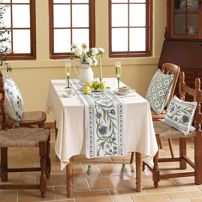 ISAENNE Designer Elegant Linen Table Runner 102 Inches Long,Vintage Blue Floral Pattern Decor Table Runners for Dining Tables,Kitchen Tables,Thanksgiving,Christmas,Banquet,12"*102"-Mosella E