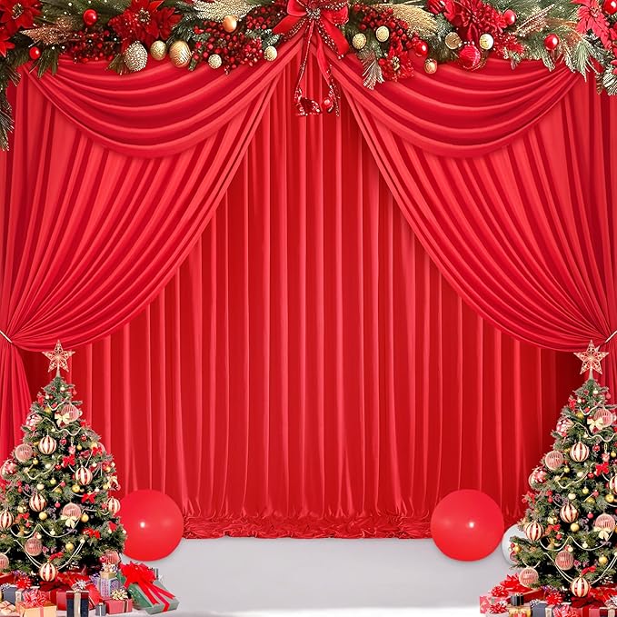 10ft x 8ft Wrinkle Free Red Backdrop Curtains for Parties, Polyester Photo Backdrop Drapes 2 Panels 5x8ft for Wedding Birthday Party Christmas Photography Background for Backdrop Stand