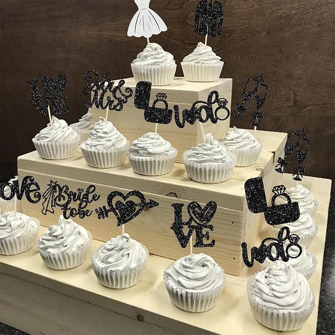 Ephlyn 30Pcs Bride to be Cupcake Toppers Glitter Wedding Cake Topper Decorations I Do Love Heart Ring Cupcake Picks for Bridal Shower Wedding Engagement Party Supplies Black