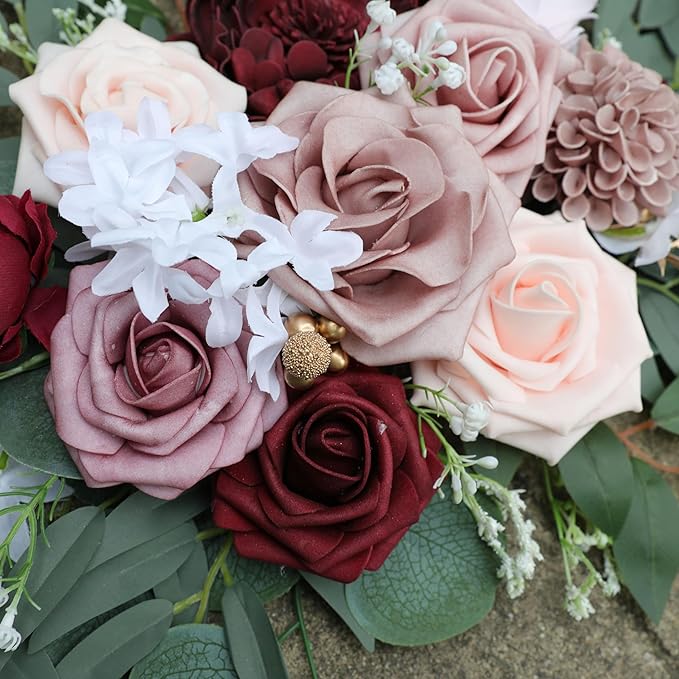 Ponatia Wedding Arch - Artificial Burgundy & Dusty Rose & Blush Flowers (Pack of 2) for Wedding Welcome Signs, Ceremony & Reception