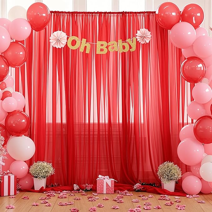 10x10 Red Tulle Backdrop Curtains for Parties, Sheer Backdrop Curtain Wedding Photo Background Drapes for Baby Shower Photography Birthday Party