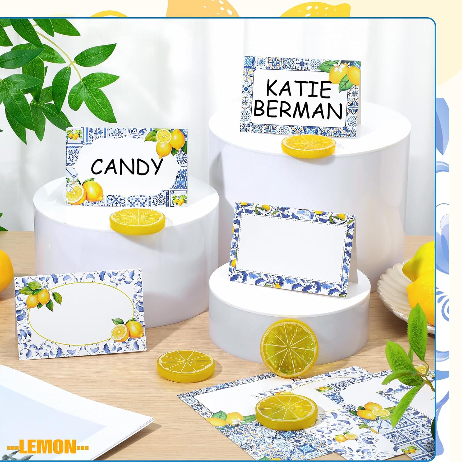 Jetec 48 Pcs Capri Lemon Place Cards Yellow and Blue Tile Table Name Cards Tent Placard Buffet Food Label for Table Setting Birthday Bridal Shower Italy Yellow Lemon and Amalfi Coast Party Decoration