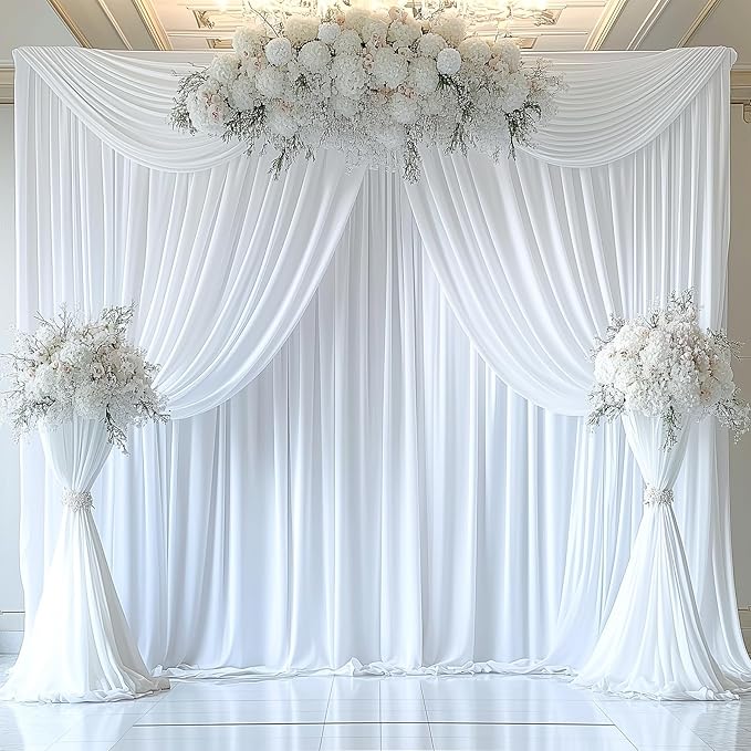 30ftx12ft Wrinkle Free White Backdrop Curtain, 6 Panels 12FT Height White Wedding Backdrop Drapes, Silky Polyester Back Drop Cloth for Birthday Photography Background Party Backdrop Draping