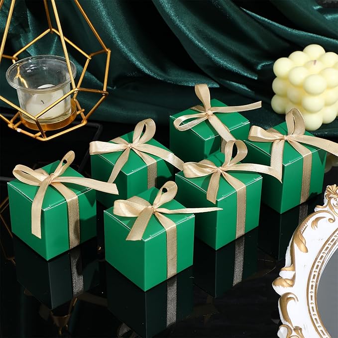 Jutom 100 Pcs Mini Favor Boxes Extra Small Candy Boxes Paper with Gold Ribbon for Christmas Thanksgiving Day Birthday Wedding Anniversary Supplies(2 x 2 x 2 Inch,Green)