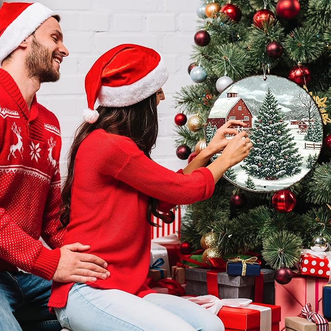 Round Christmas Trees Barn Metal Tin Sign Christmas Vintage Tin Sign for Kitchen Cafe Bar Farmhouse Home Wall Decor Art Winter Decoration 12 * 12 in