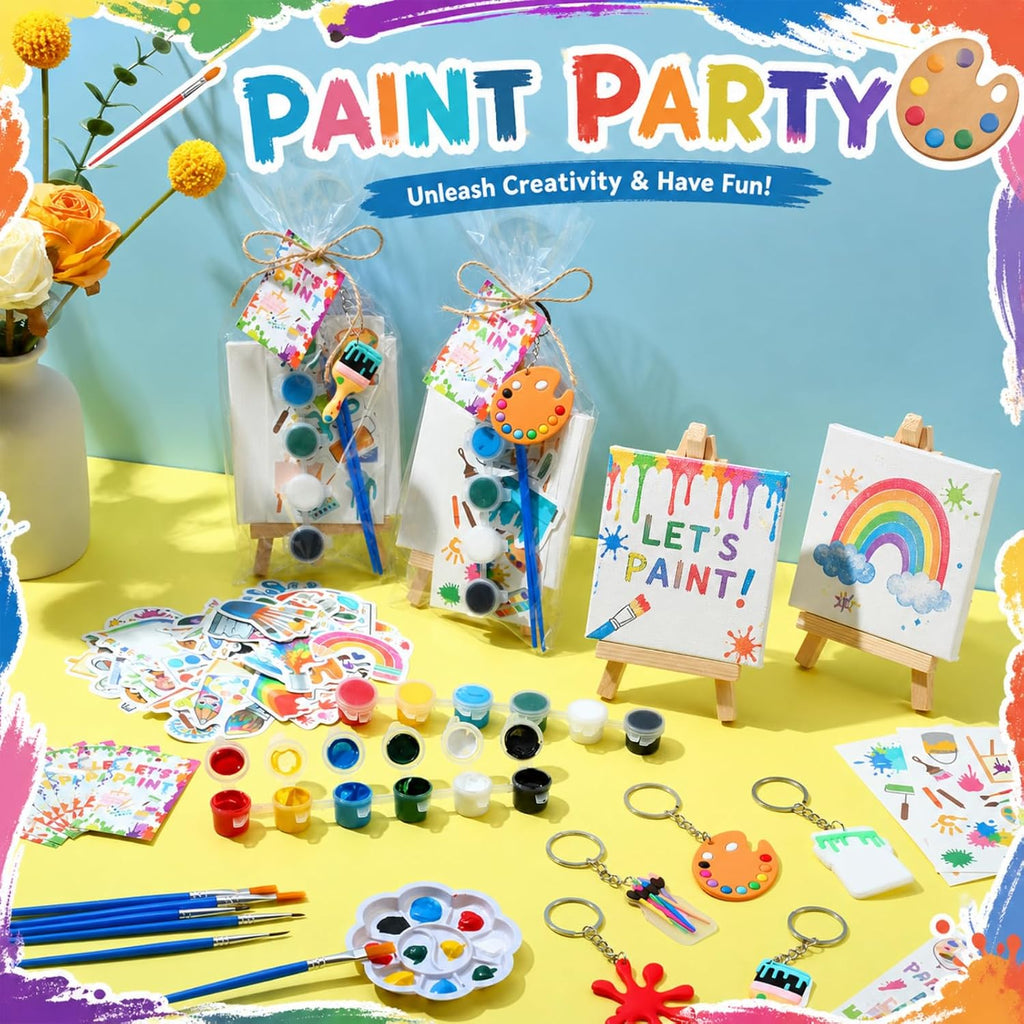 HyDren 8 Sets Art Paint Party Favors for Kids, 4 x 4 Inch Mini Canvas Easel and Watercolor Paint Set Palette Brush Sticker Puffy Sticker Keychains for Adults Summer Vbs Back to School Party Supplies