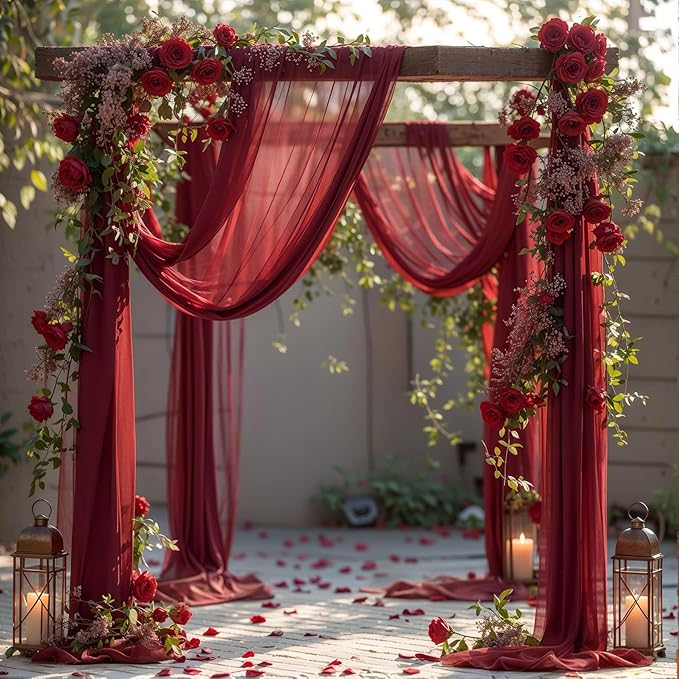 Wedding Arch Draping Fabric, 2 Panels 18FT Burgundy Sheer Backdrop Curtain Chiffon Fabric Drapery Sheer Voile Scarf Draping Panels for Wedding Archway Ceremony Curtain Valance Party Decoration
