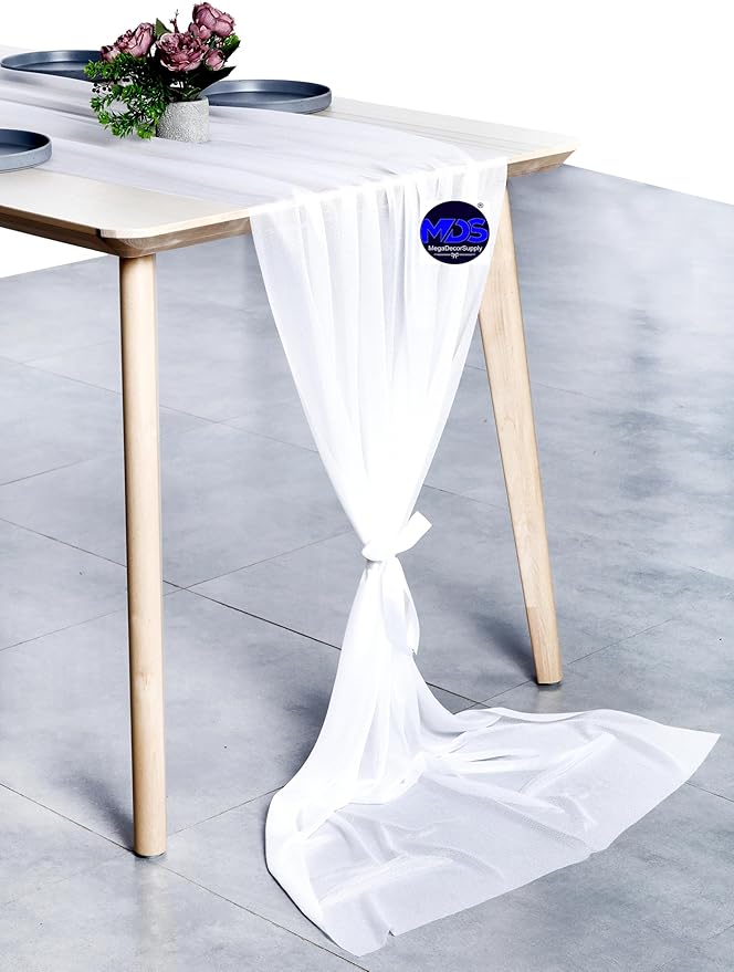 MDS 2 Pack 10ft Chiffon Table Runner 29 x 120 Inches Sheer Wedding Runner Romantic Rustic Table Runner for Wedding Decorations, Birthday Parties, Bridal Shower Party Arch Decor - White
