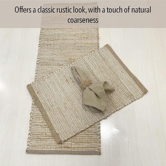 Chardin home Natural Jute Table Runner 13x36 Inch – Vintage Boho Rustic Table Decor – Handwoven Table Runner in Natural Jute and Ivory – Farmhouse Dining or Console Table Accent