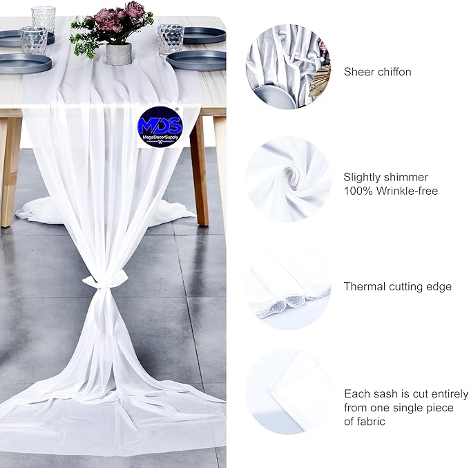 MDS 2 Pack 10ft Chiffon Table Runner 29 x 120 Inches Sheer Wedding Runner Romantic Rustic Table Runner for Wedding Decorations, Birthday Parties, Bridal Shower Party Arch Decor - White