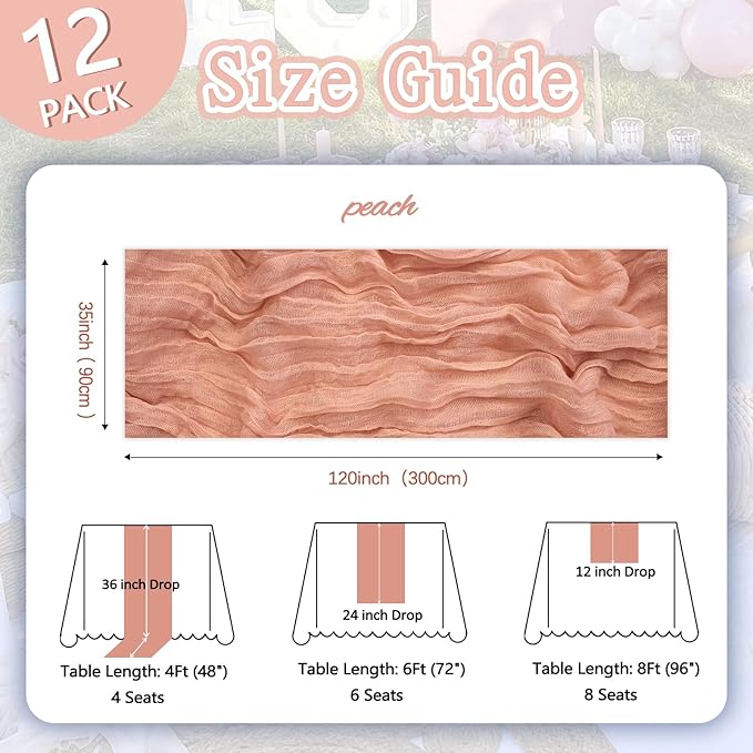 12 Pack Peach Cheesecloth Table Runner 10ft Boho Gauze Fabric Cheese Cloth Table Runner 35 x 120 Inch Rustic Sheer Runner for Romantic Wedding Decor Baby Shower Party Table Centerpiece Decoration