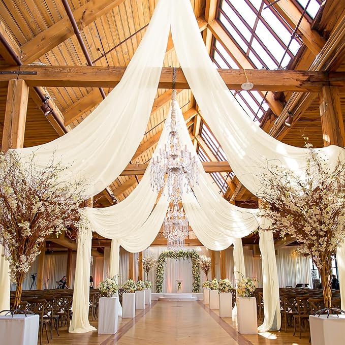 6 Panels Ivory Ceiling Drapes for Wedding, 5ftx40ft Cheesecloth Sheer Fabric Curtain Arch Draping, Romantic Decorations for Party Ceremony Stage