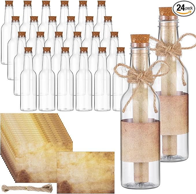 Baderke 24 Pcs 5.6 oz Message Bottles with Letter Printer Paper Plastic Bottles & Corks Twines for Message Invitations Birthday Wedding Baby Shower DIY Crafts Gift Party Favors (Vintage)