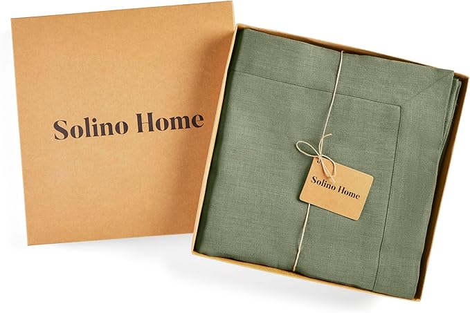 Solino Home Linen Tablecloth 60 x 90 Inch - 100% Pure Linen Oil Green Table Cloth for Rectangle Tables - Fete, Machine Washable Tablecloth for Fall, Autumn, Thanksgiving, Christmas