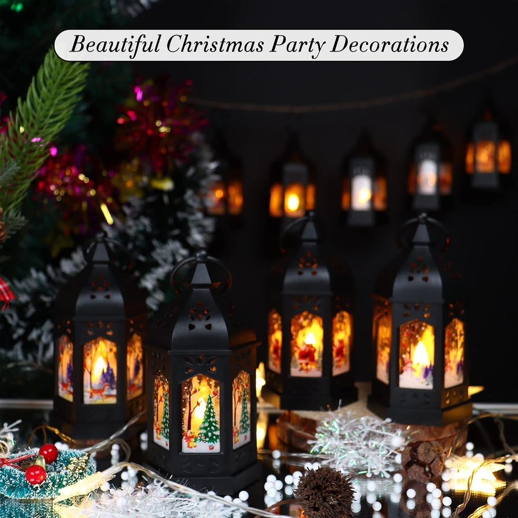 LLQ 12Pcs Christmas Decorations Mini Lanterns with Xmas Pattern & Flicker LED Candles, Vintage Christmas Centerpieces, Black Lantern Decorative, Small Candle Holder for Holiday Party Table, Ornaments