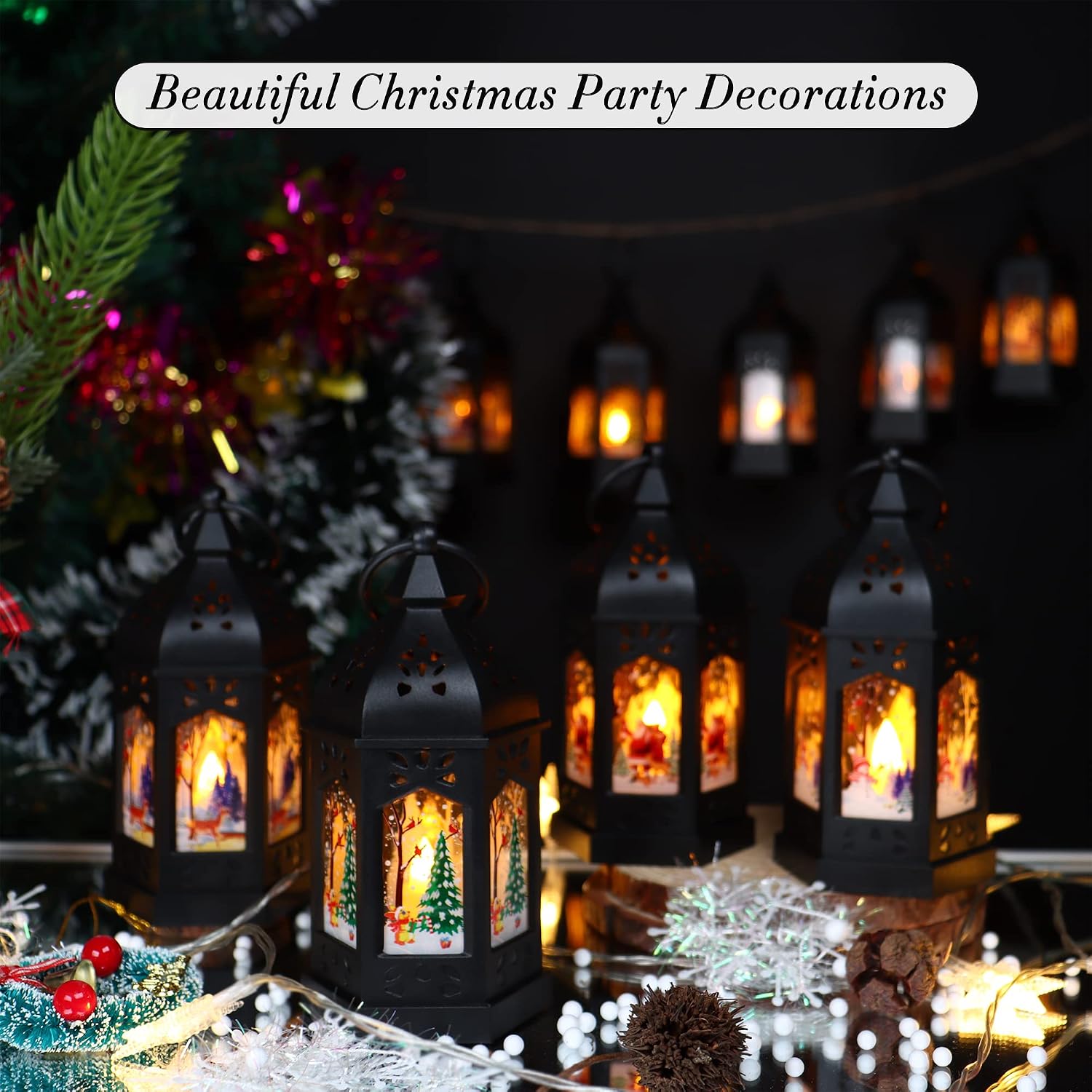 LLQ 12Pcs Christmas Decorations Mini Lanterns with Xmas Pattern & Flicker LED Candles, Vintage Christmas Centerpieces, Black Lantern Decorative, Small Candle Holder for Holiday Party Table, Ornaments