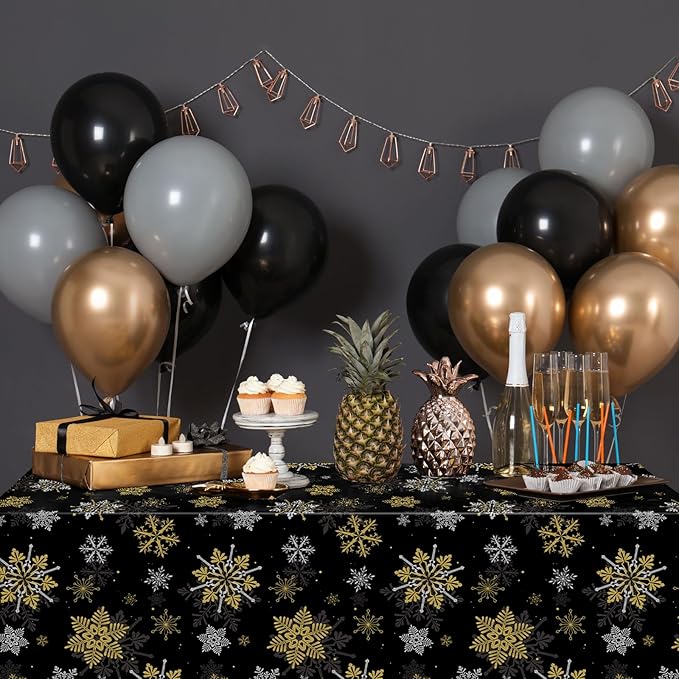 6Pcs Christmas Snowflake Party Tablecloths Decorations,Plastic Black and Gold Table Cloth,Winter Rectangle Table Cover for Christmas New Year Birthday Baby Shower Holiday Party Decorations,54x108 inch