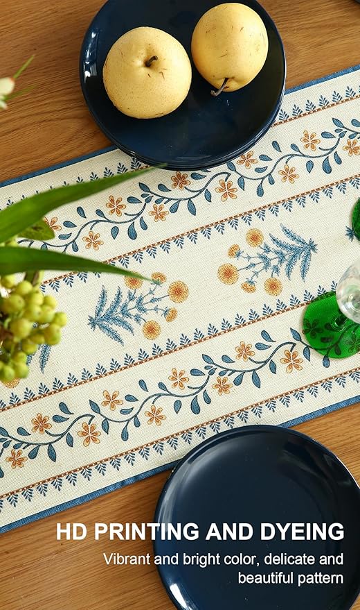 ISAENNE Designer Pale Yellow Elegant Linen Table Runner 87 Inches Long,French Floral Pattern Elegant Table Runners for Dining Tables,Thanksgiving,Kitchen Tables,Christmas,12"*87"-Estevan A