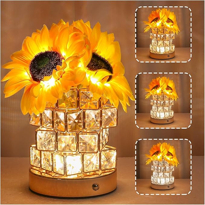 Birthday Gifts for Women/Mom Sunflower Cordless Table Lamp,3 Color Crystal Lamps Touch Bedside Lamps Infinitely Dimming with USB Charge Small Night Light,Nightstand Lamp for Bedroom (Square)