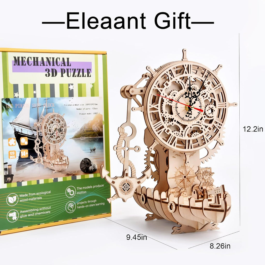 3d wooden puzzle mechanical clock – pirate ship showing dimensions