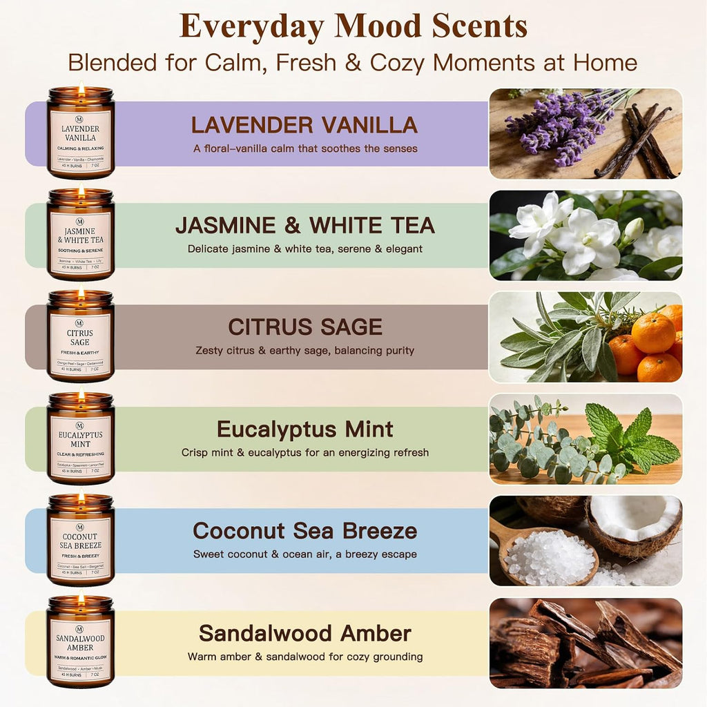 6-Pack Scented Soy Candle Set – Lavender Vanilla, Eucalyptus, Sandalwood, Jasmine & White Tea, Coconut, Sage | Natural Long Lasting Aromatherapy Candles for Home, Relaxation & Birthday Gifts