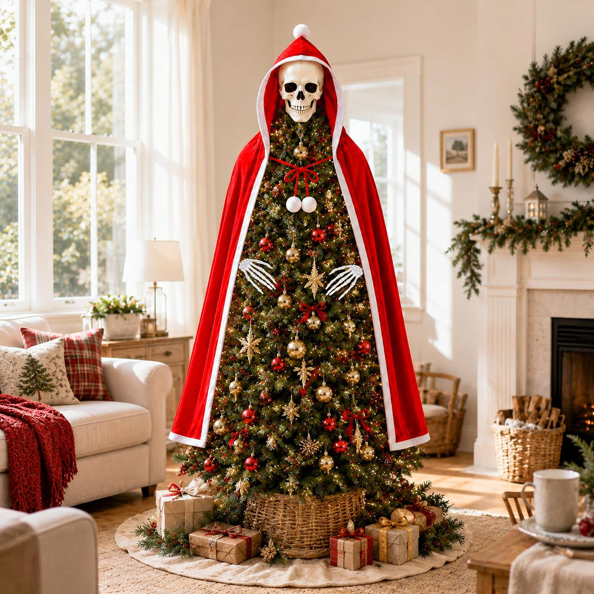 8" Christmas Skull Tree Topper and Red Cloak Skeleton Hand, Goth Xmas Decor