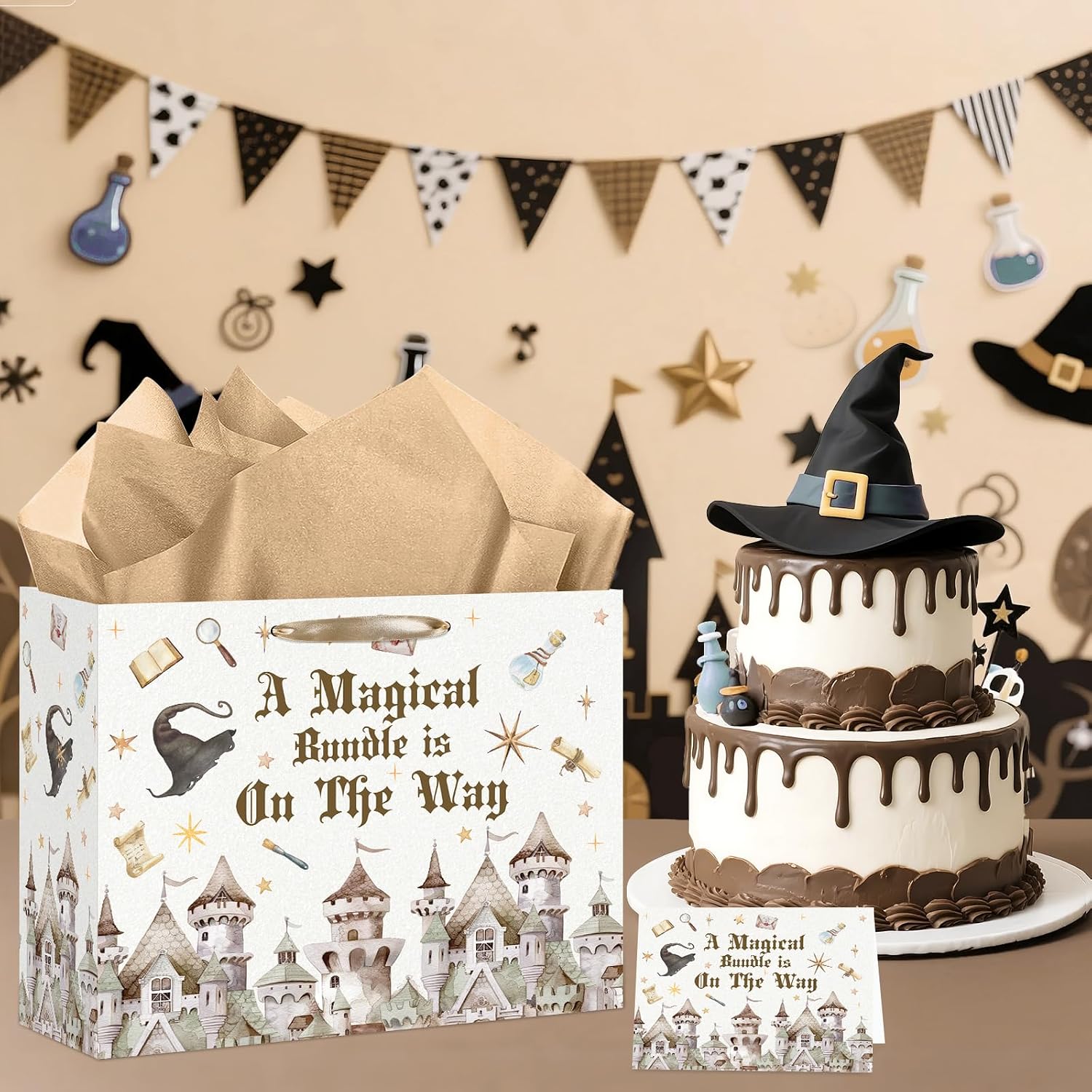 Magical Wizard Baby Shower Birthday Gift Bag for Baby Girls A Magical Bundle is On The Way Bag with Wrapping Paper Card Large Castle Witch Gift Bag for Halloween Baby Shower Birthday Party Supplies