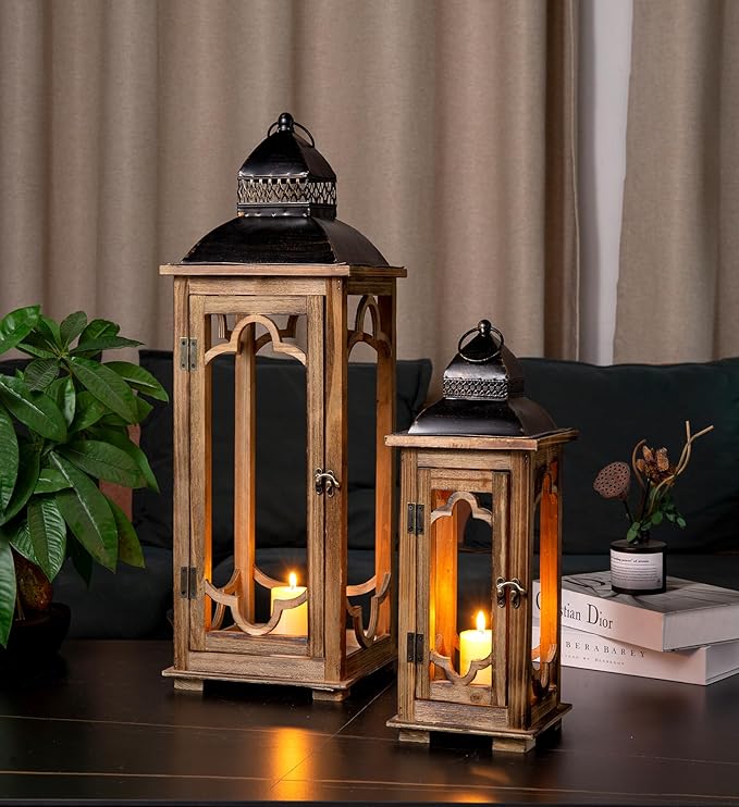 Large Farmhouse Decorative Wooden Lantern Set of 2, Rustic Brown Floor Lanterns, Indoor/Outdoor Hurricane Lanterns for Home Decor (No Glass)