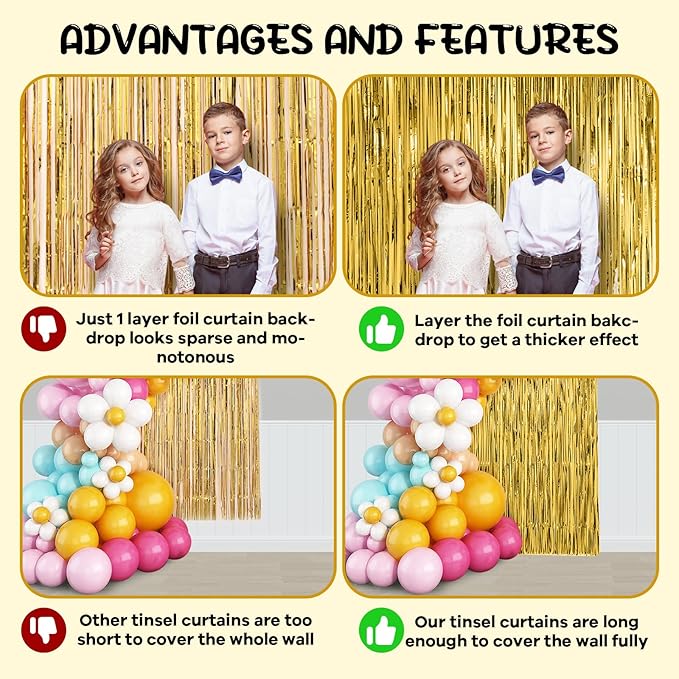 2 Pack Gold Foil Fringe Backdrop Curtains, Tinsel Streamers Birthday Party Decorations, Fringe Backdrop for Graduation, Baby Shower, Gender Reveal, Disco Party