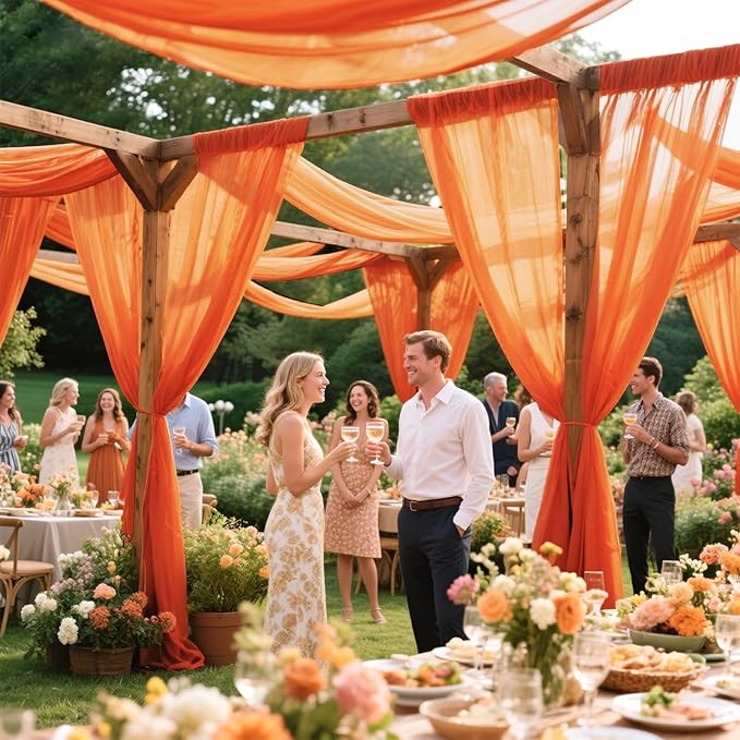 VOK Orange Wedding Arch Draping Fabric Chiffon Fabric, 29in x 18Ft 2 Panels Sheer Chiffon Outdoor Curtain for Wedding Ceremony Birthday Party Decoration (Orange,2 Panel)