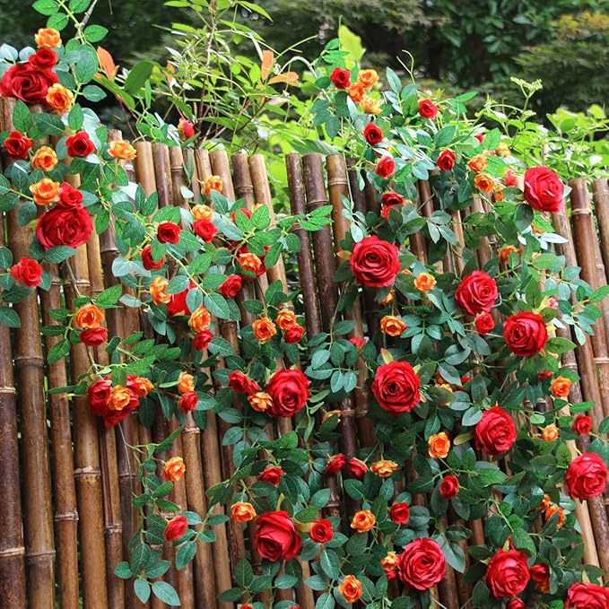 6FT Bendable Flower Garland, Artificial Rose Vine Hanging Floral Garland Decoration for Weding Home Room Wall Decor (Red, 1pcs)