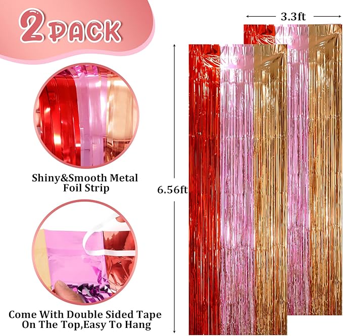 2 Pack Valentine Foil Fringe Backdrop Curtains, Tinsel Streamers Party Decorations, Fringe Backdrop, Door Shimmer for Valentine or Birthday Party