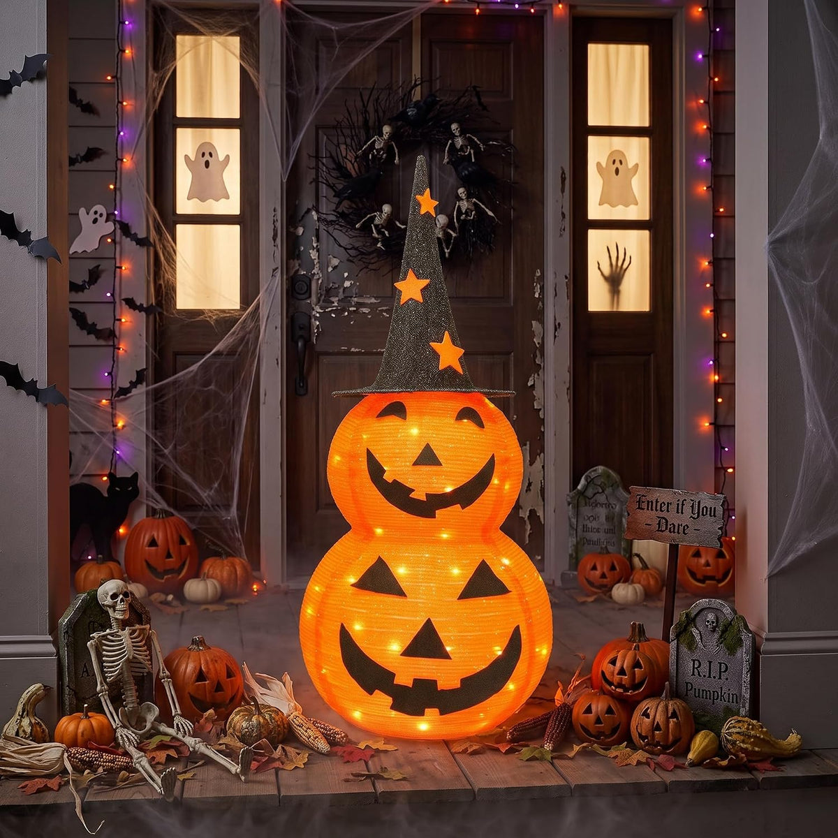 Cute Halloween Collapsible Pumpkin Decorations, 3ft Light Up Pumpkins for Dec...