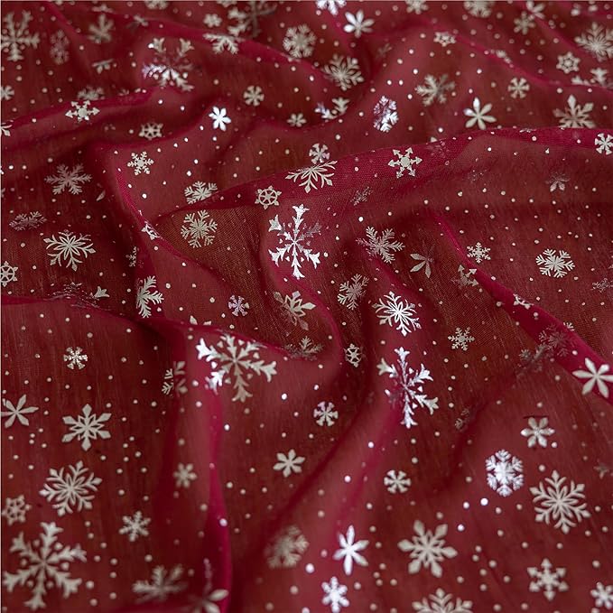 Silvery Snowflake Metallic Print Tulle Christmas Table Runner, Seasonal Winter Kitchen Dining Table Decoration for Home Party Decor 35x120 Inch (Burgundy)