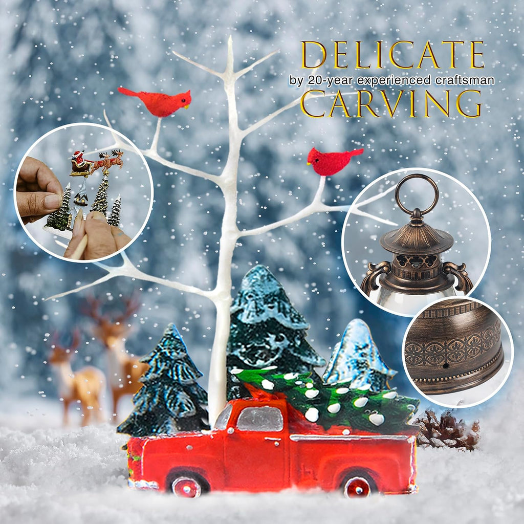 Large Christmas Snow Globes, 13.8" Cardinal Musical Snow Globe 8 Songs 6H Timer Music Box Dual Power Snowglobes for Kids Adults Red Truck Christmas Lantern Lighted Christmas Decor Indoor Gifts
