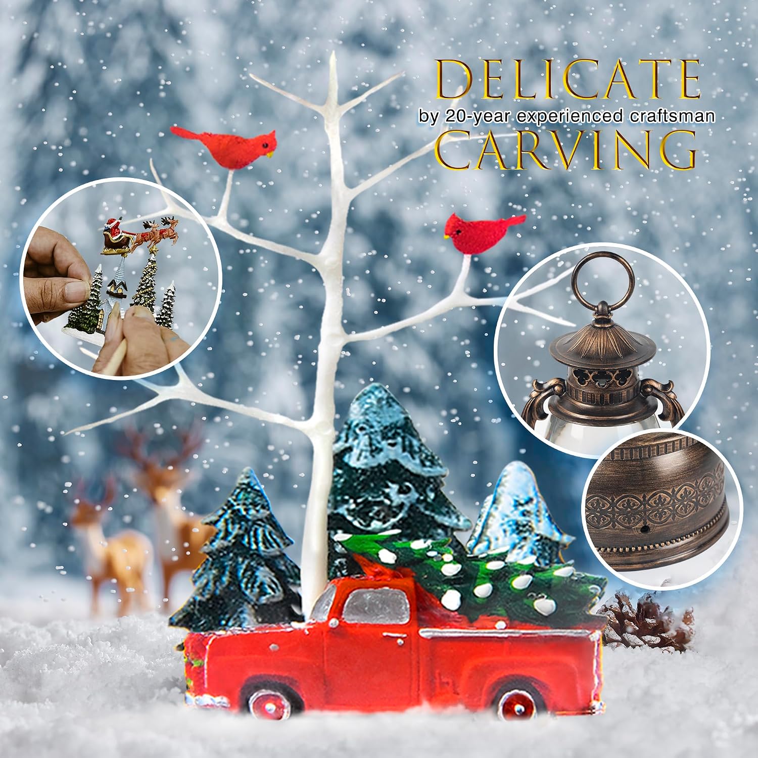 Large Christmas Snow Globes, 13.8" Cardinal Musical Snow Globe 8 Songs 6H Timer Music Box Dual Power Snowglobes for Kids Adults Red Truck Christmas Lantern Lighted Christmas Decor Indoor Gifts