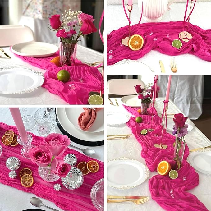 6 Pack Hot Pink Cheesecloth Table Runner Summer Sheer Fuschia Cheese Cloth Table Runner Boho Gauze 120 Inches Summer Table Decorations for Weddings Bridal Baby Shower Birthday Parties