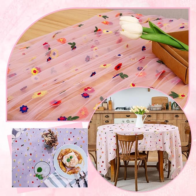 6PCS Pink Floral Table Runner 10 FT, Embroidery Daisy Table Runners Seasonal Sheer Tulle Table Runner for Thanksgiving Wedding Birthday Baby Shower Party ﻿