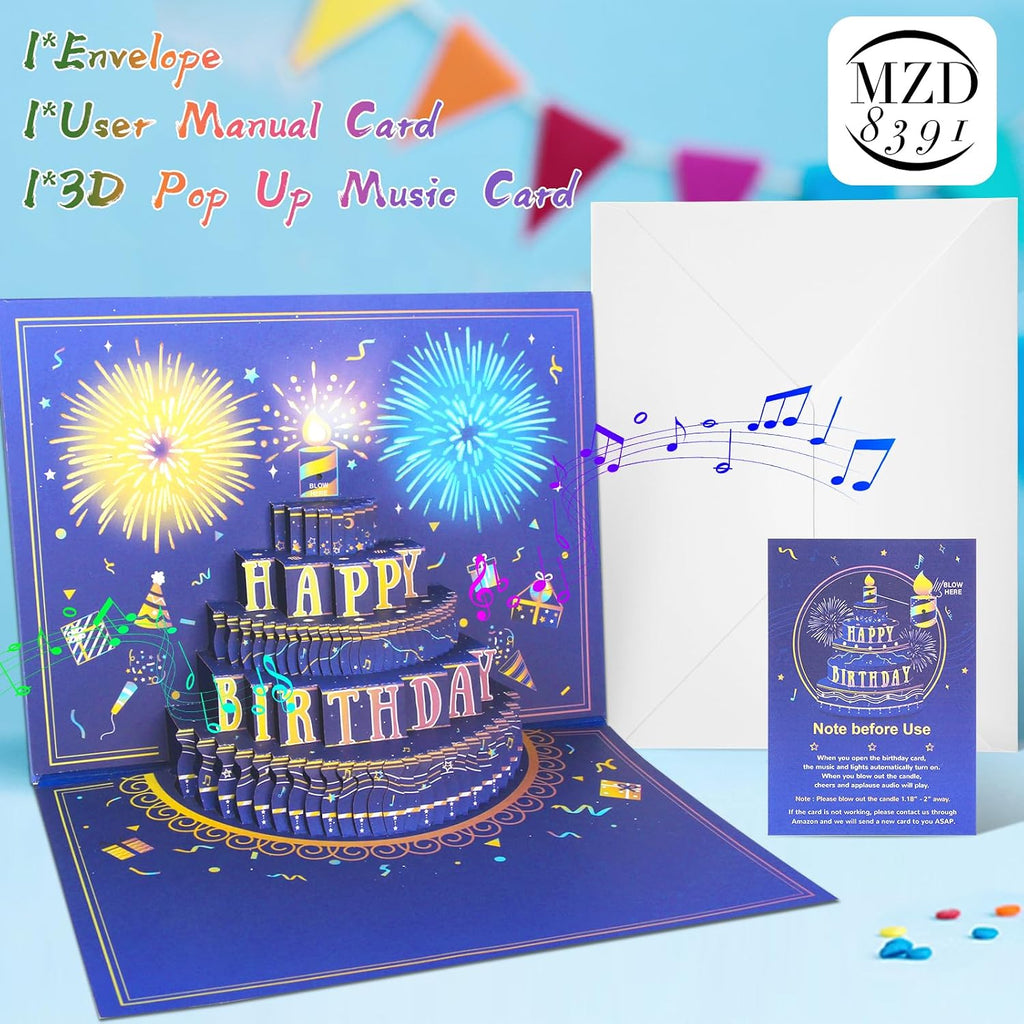 MZD8391 3D Pop Up Birthday Cards, Musical LED Lights Birthday Cards, Greeting Cards, Birthday Gifts for Mom Women Men Kids Child Dad Father Wife