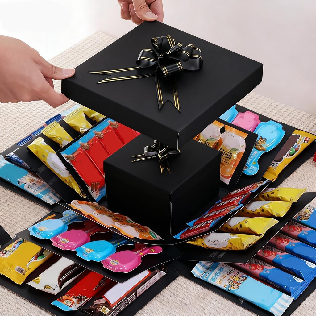Romiona 5-Layer creative explosion gift box, gift wrap box (Black, Square) | Create a 5-Layer of gifts by yourself. An ideal, mysterious self-made gift for birthday, Christmas and anniversaries.