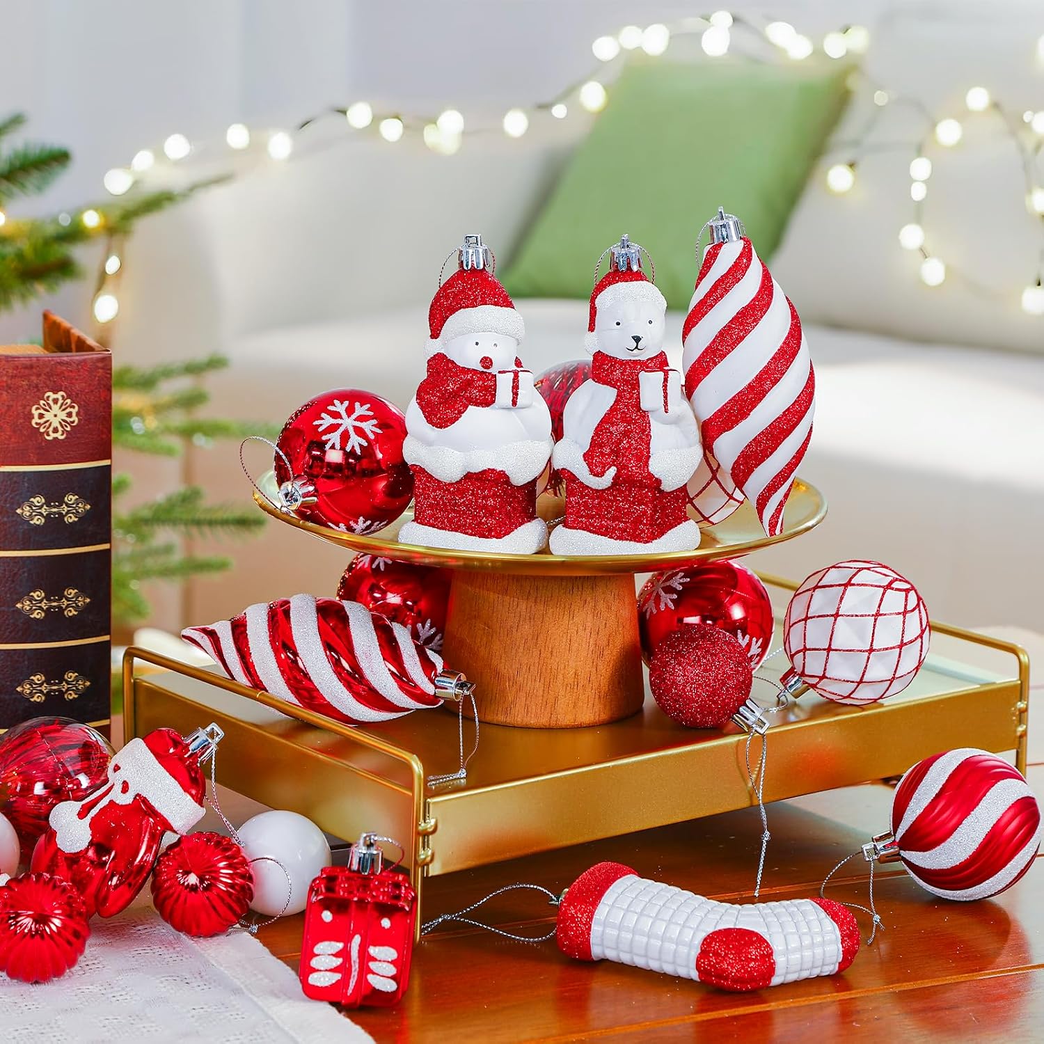 Alupssuc 112pcs Christmas Balls Ornaments Set, Shatterproof Plastic Baubles Christmas Penguin, Polar Bear for Xmas Tree Holiday Wedding Party Decorations with Hanging Strings, Red and White