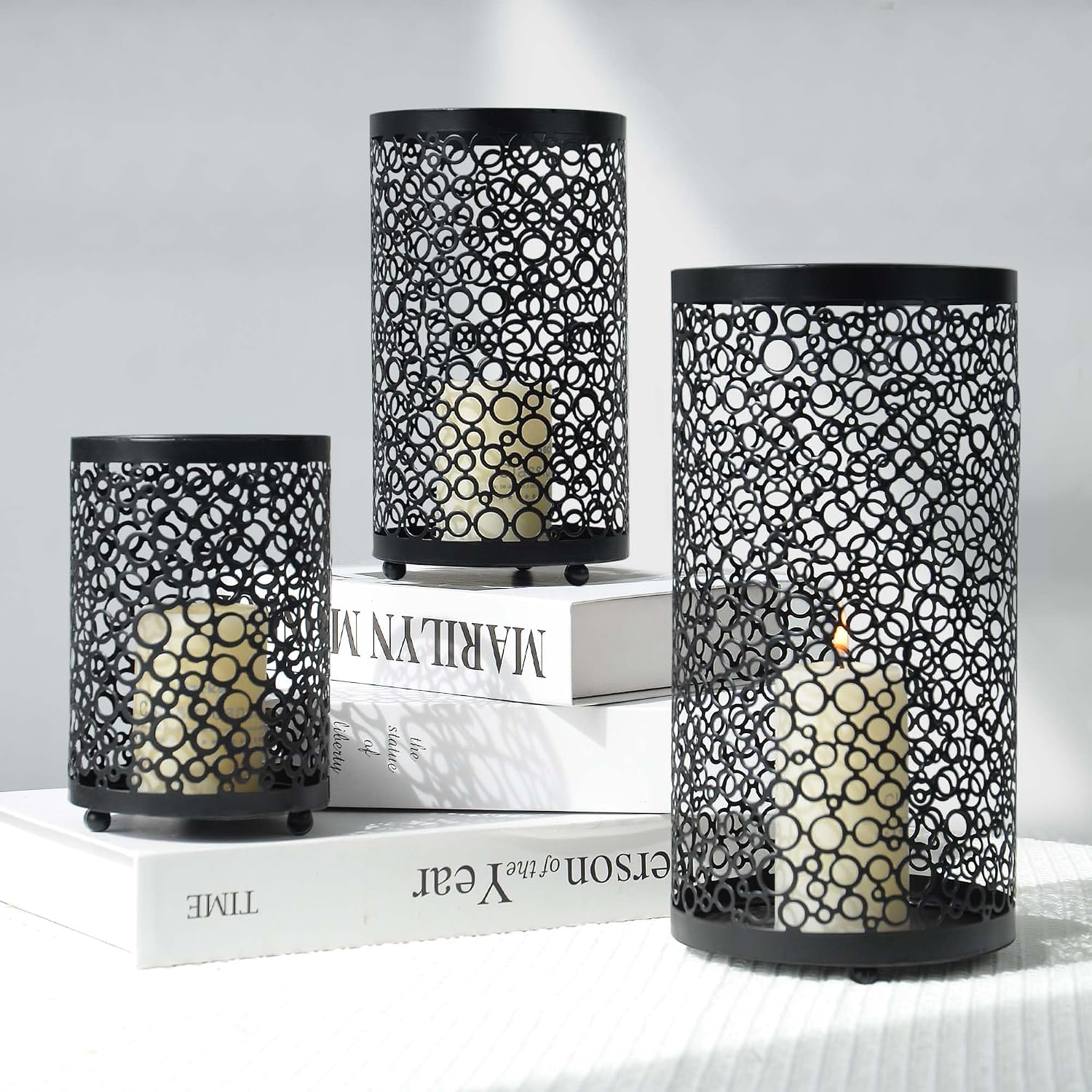 Metal Candle Holders Set of 3, Decorative Tealight Candle Holder Sets, Candlestick for Pillar Vintage Style Perfect for Tabletop Centerpieces (Black, Bubble Pattern)