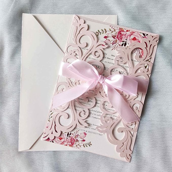 25PCS Blush Pink Laser Cut Wedding Invitations Cards with Envelopes,Blank Inner Sheets,Ribbons for Wedding Bridal Shower Quinceañera Engagement Birthday Invites